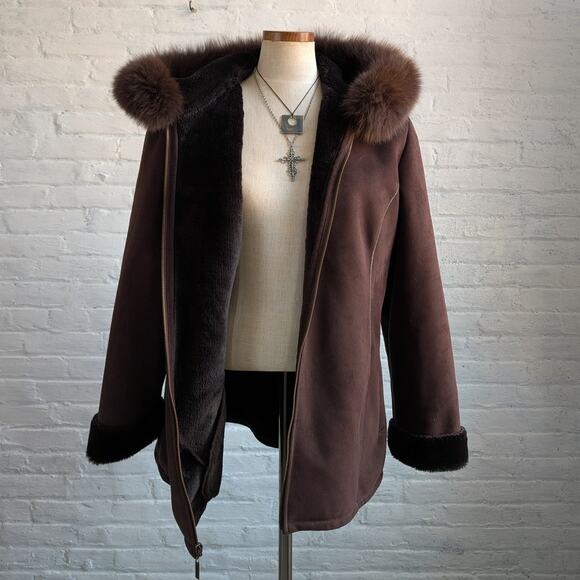Vintage Brown Faux Suede Fox Fur Trim Coat Minimalist Mini Trench Boho Jacket - Picture 2 of 10